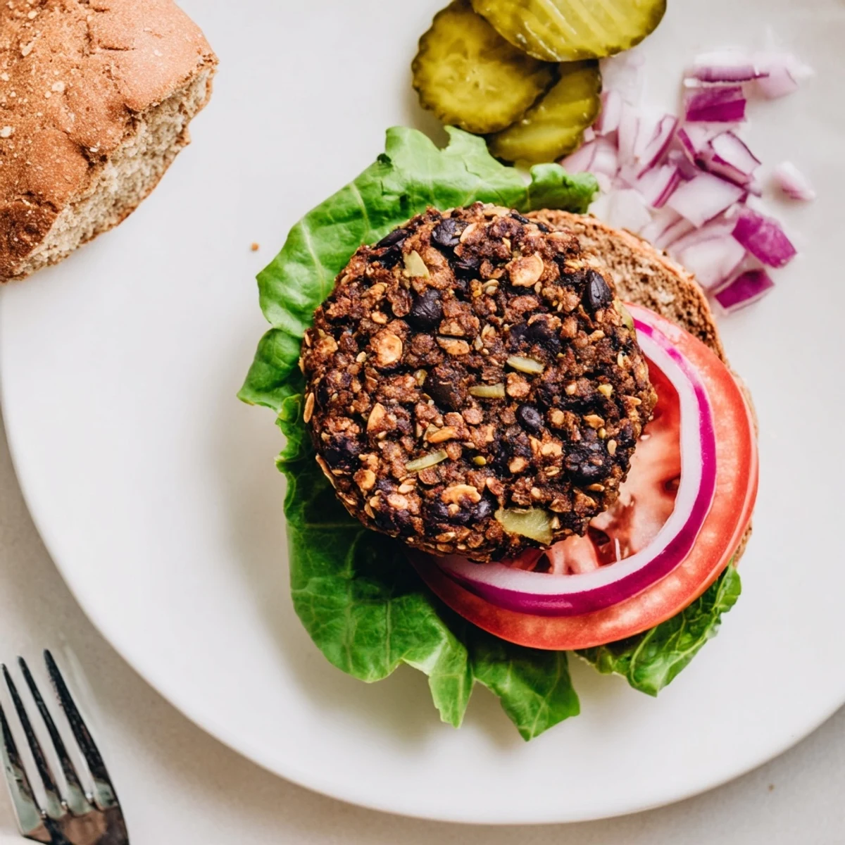 Homemade veggie burgers recipe served on a wooden board with pickles, onions, and your favorite condiments