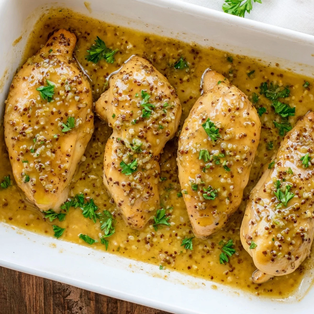 Golden glazed oven baked honey mustard chicken resting on a white serving platter