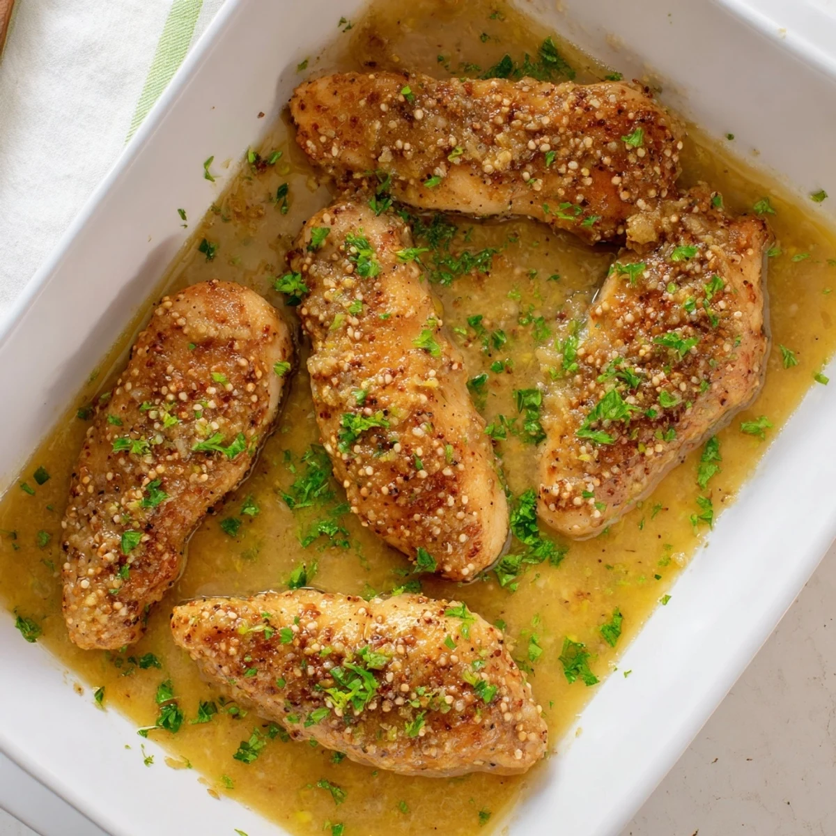 Family style oven baked honey mustard chicken garnished with chopped fresh parsley