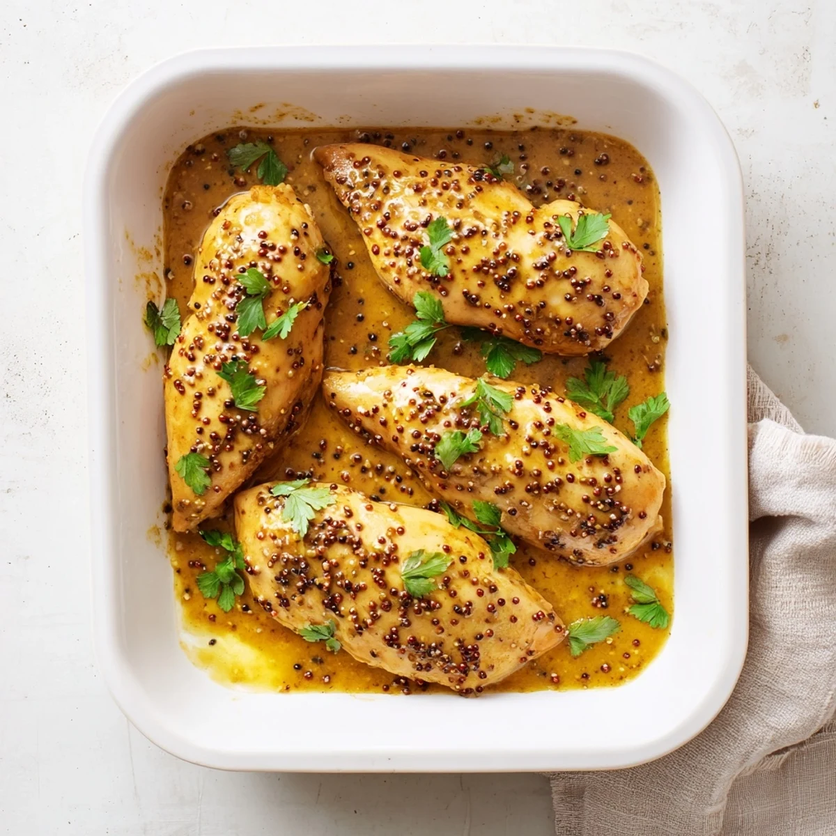 Juicy chicken breasts coated in sweet honey mustard sauce fresh from the oven