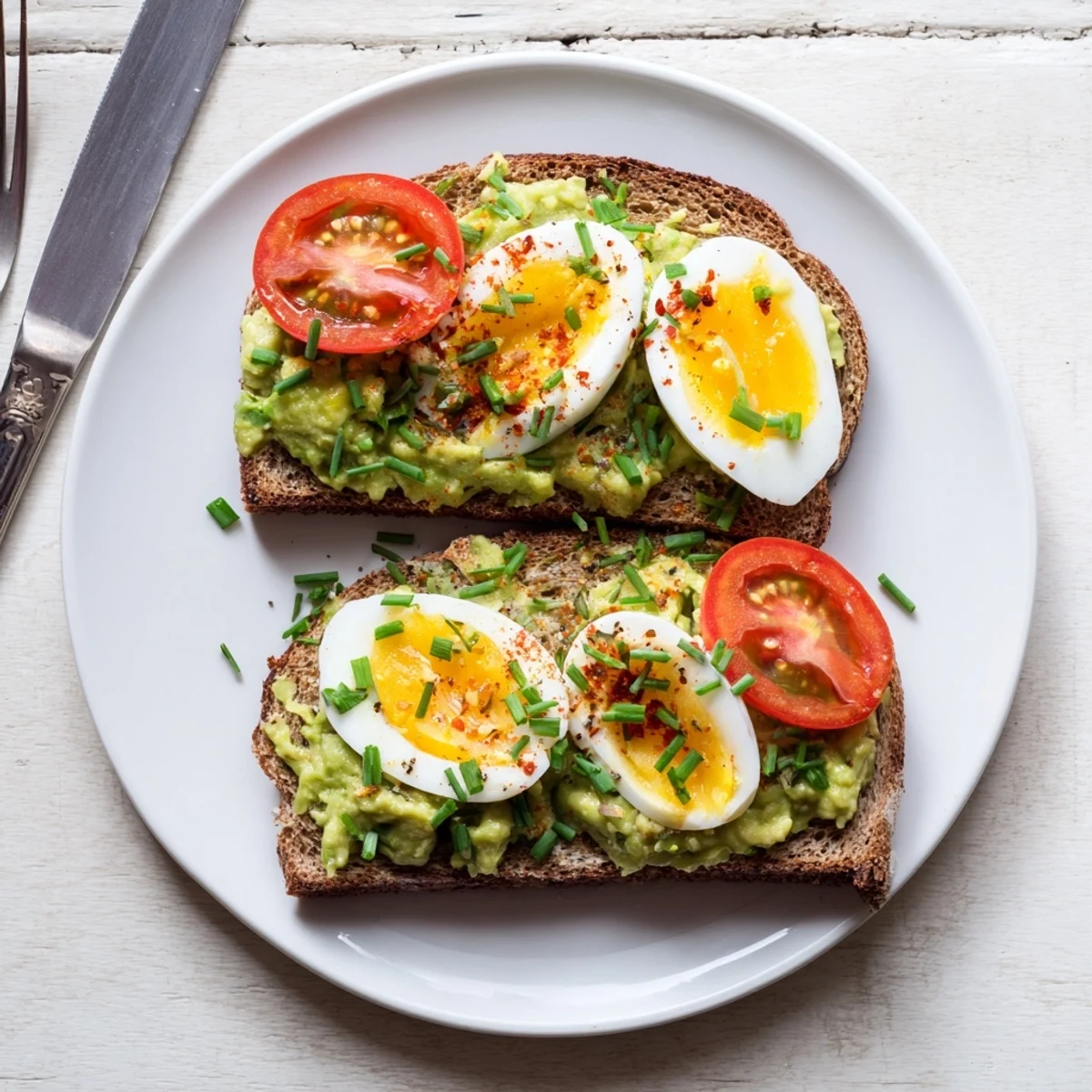 Golden avocado toast with tomato and hard boiled egg recipe topped with fresh chives on crisp whole grain bread