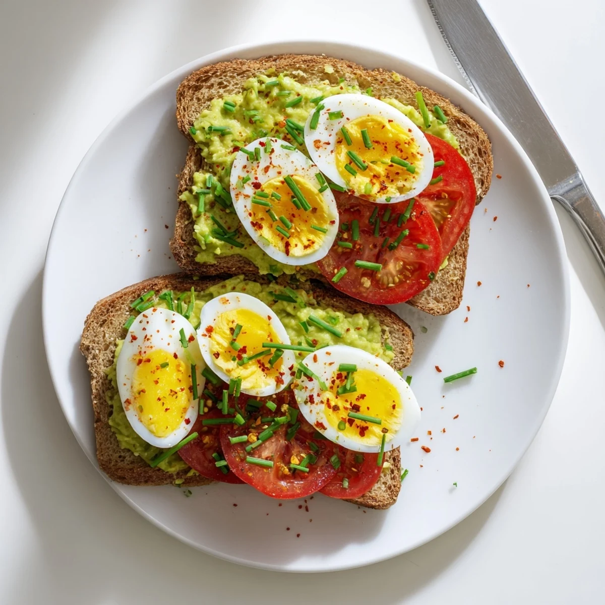 Creamy avocado spread layers this avocado toast with tomato and hard boiled egg recipe garnished with red pepper flakes