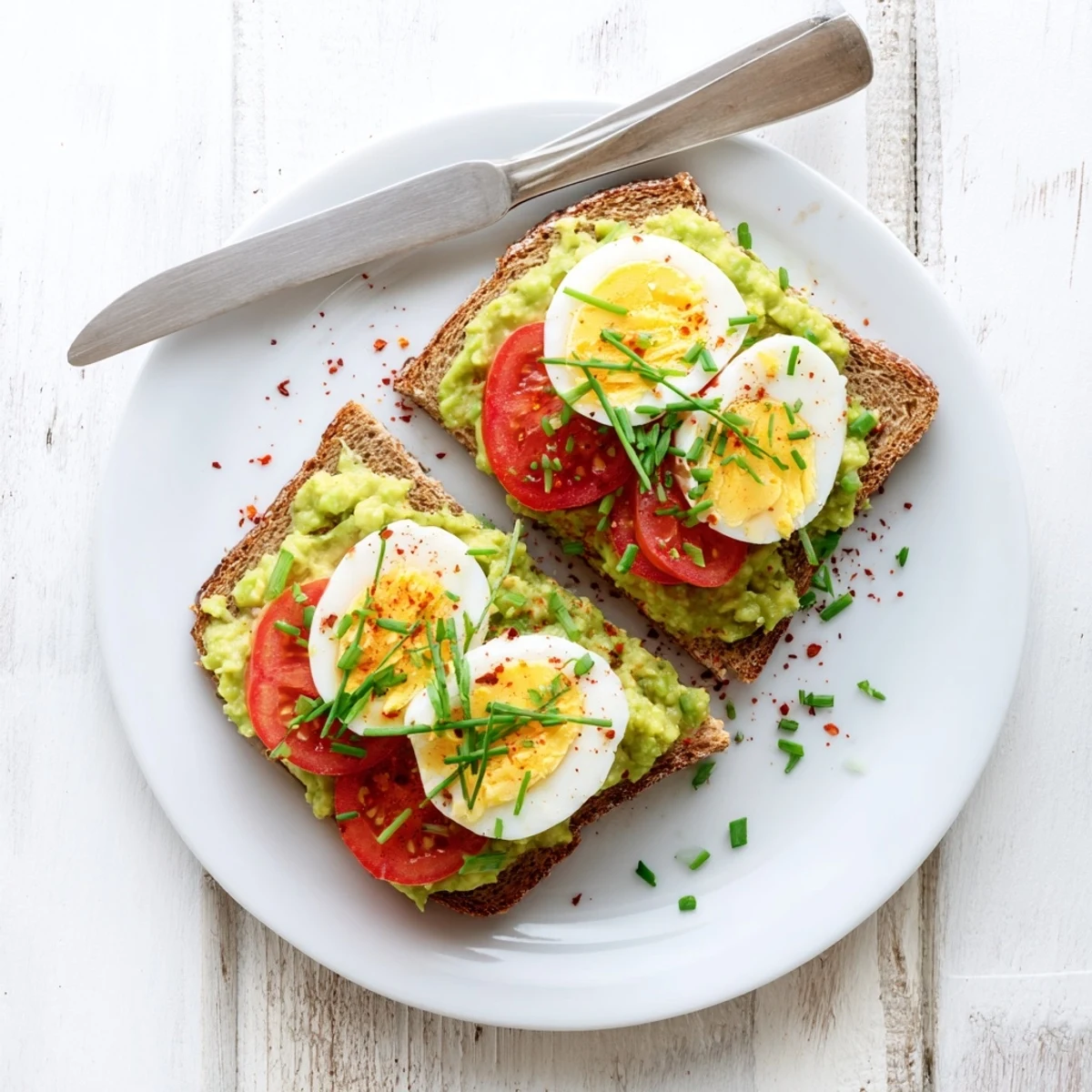 Avocado toast with tomato and hard boiled egg recipe featuring sliced eggs and juicy ripe tomato on sourdough