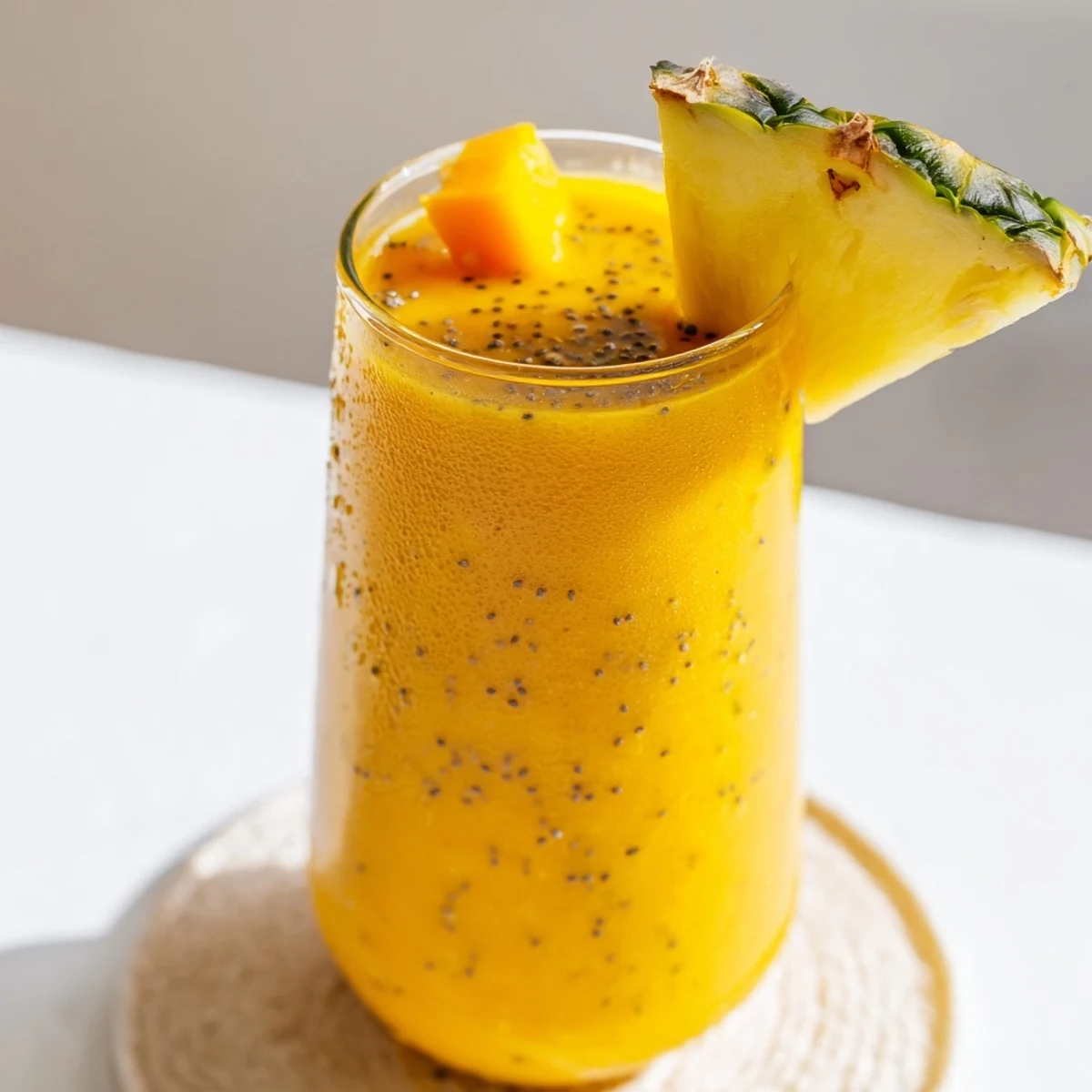 Golden tropical pineapple mango smoothie poured into a clear glass showing vibrant yellow color and frothy texture