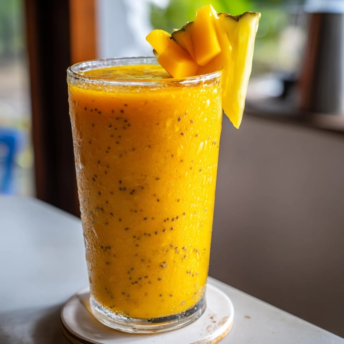 Thick creamy pineapple mango smoothie blend topped with fresh fruit wedge garnish on white background