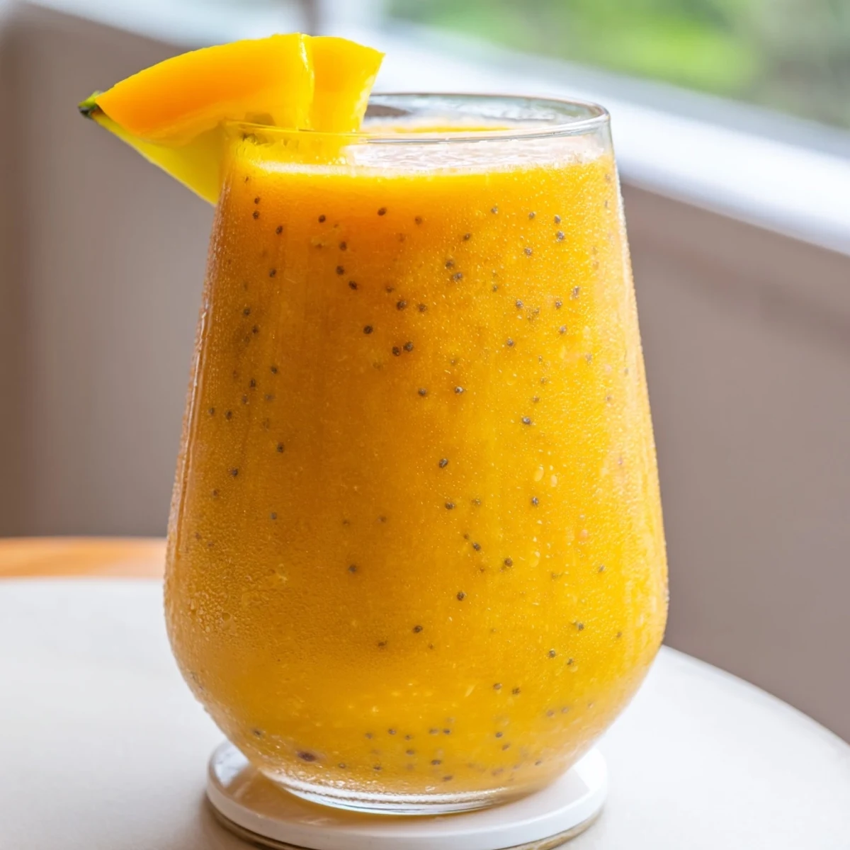 Refreshing pineapple mango smoothie recipe in tall glass with ice cubes and tropical fruit slices