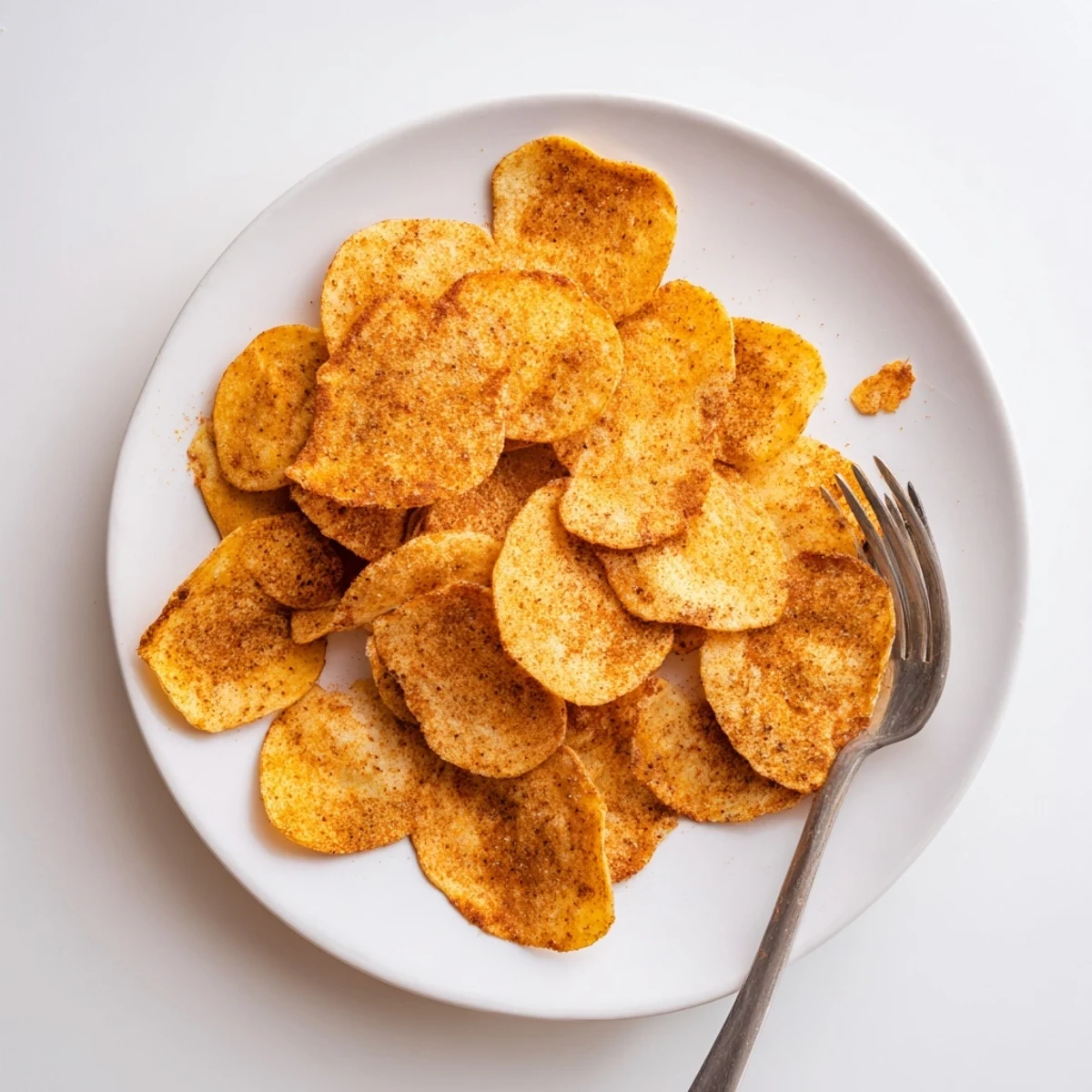 Baked chickpea chips sprinkled with paprika and cumin served with creamy hummus