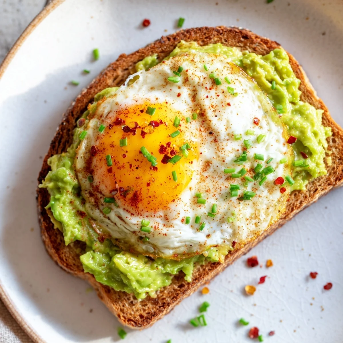 Fried egg rests on chunky avocado spread atop whole grain toast in this easy Simple Avocado Toast With Egg Recipe breakfast