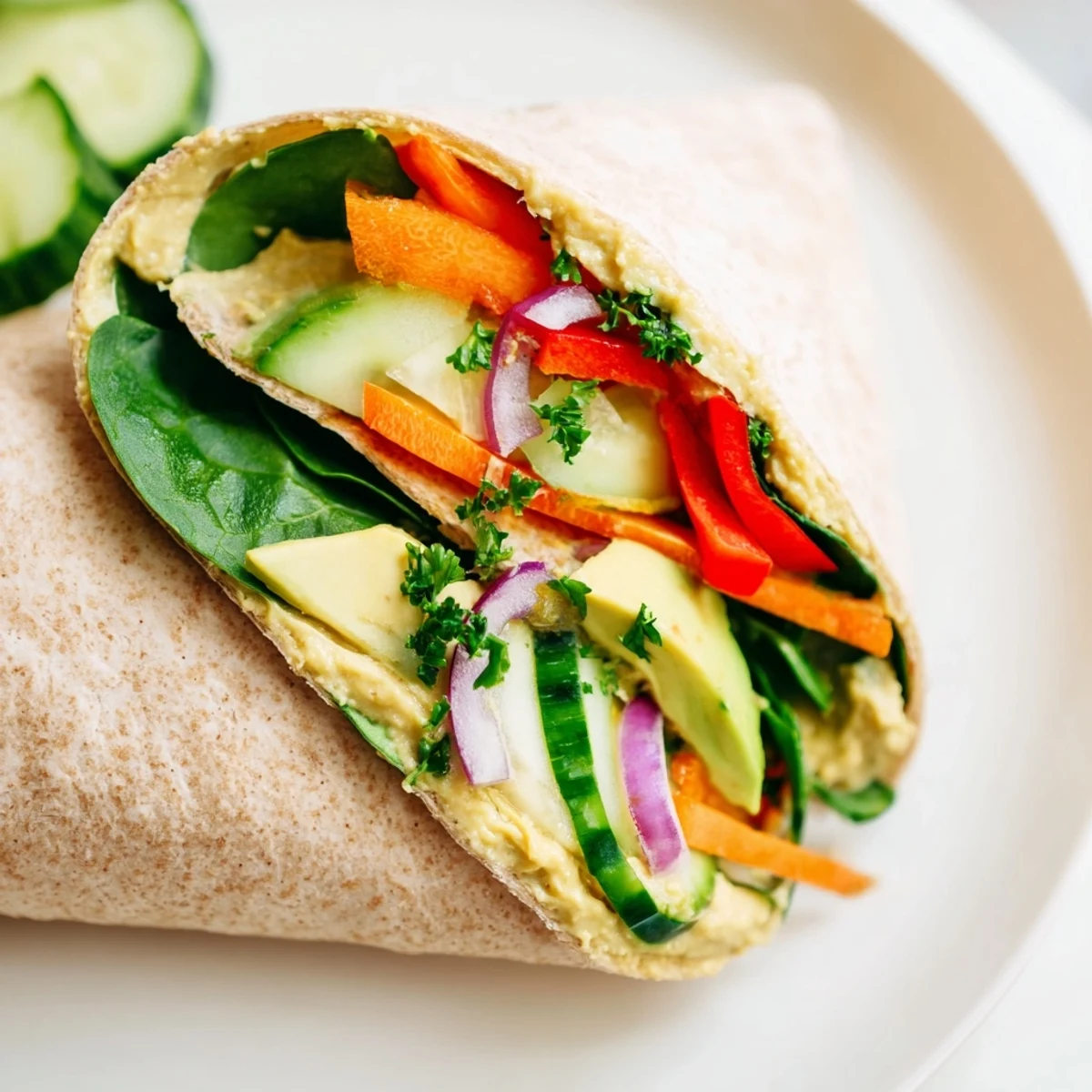 Golden brown whole wheat tortilla wrapped around colorful Mediterranean vegetables and smooth hummus filling