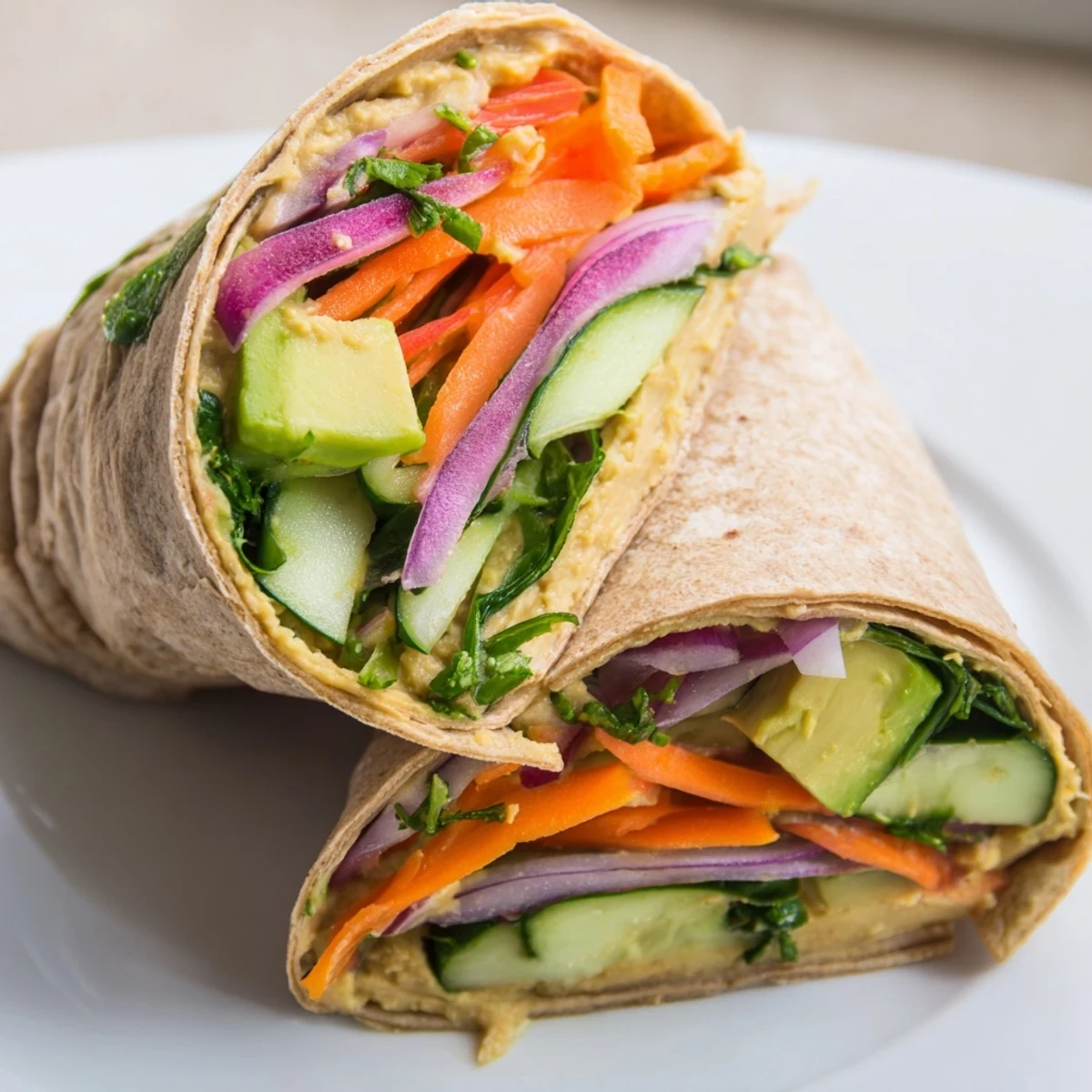 Fresh vegetable hummus wrap sliced diagonally revealing crisp cucumber, bell pepper, and tender green layers