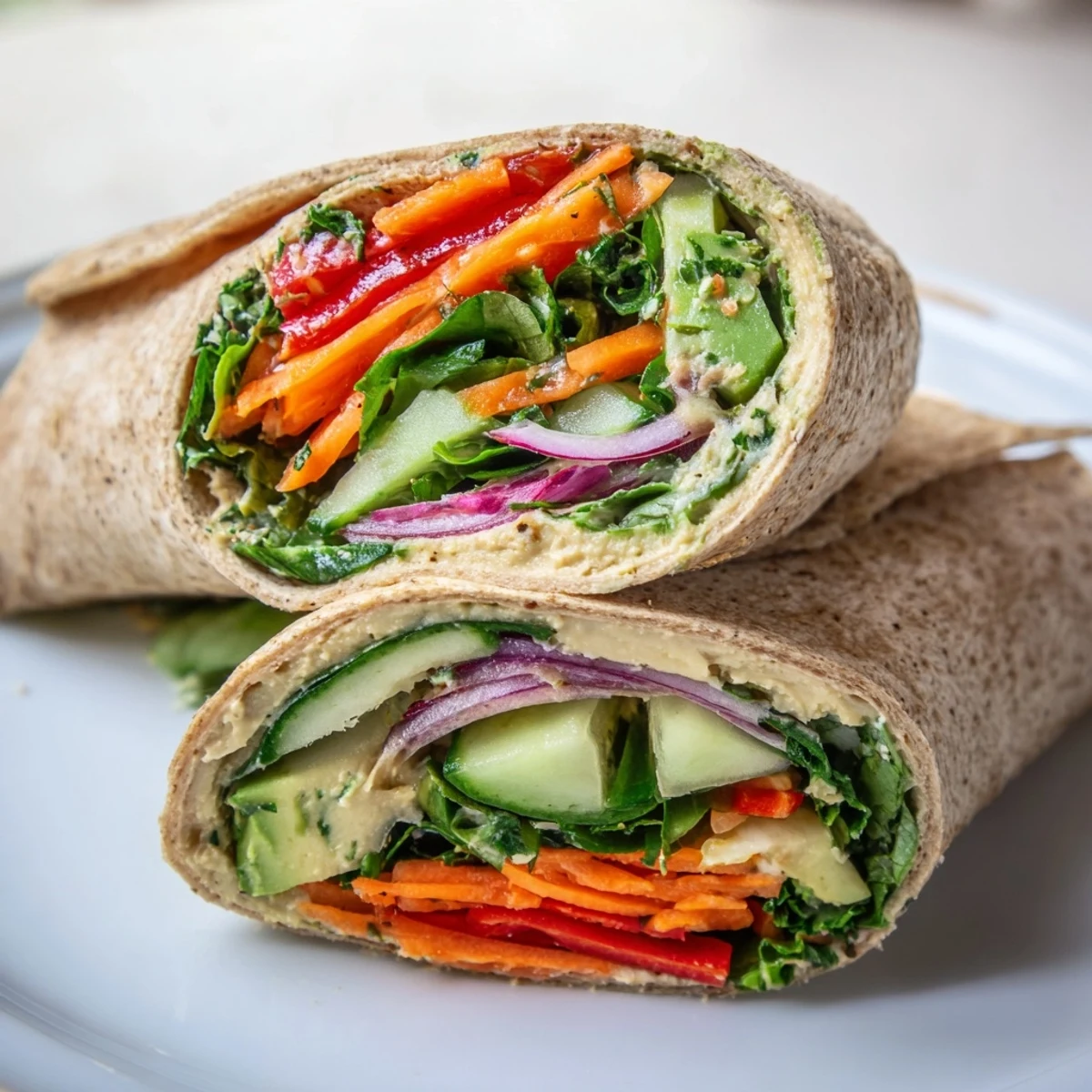 Plant-based Mediterranean lunch wrap stuffed with creamy hummus, crunchy veggies, and vibrant fresh greens