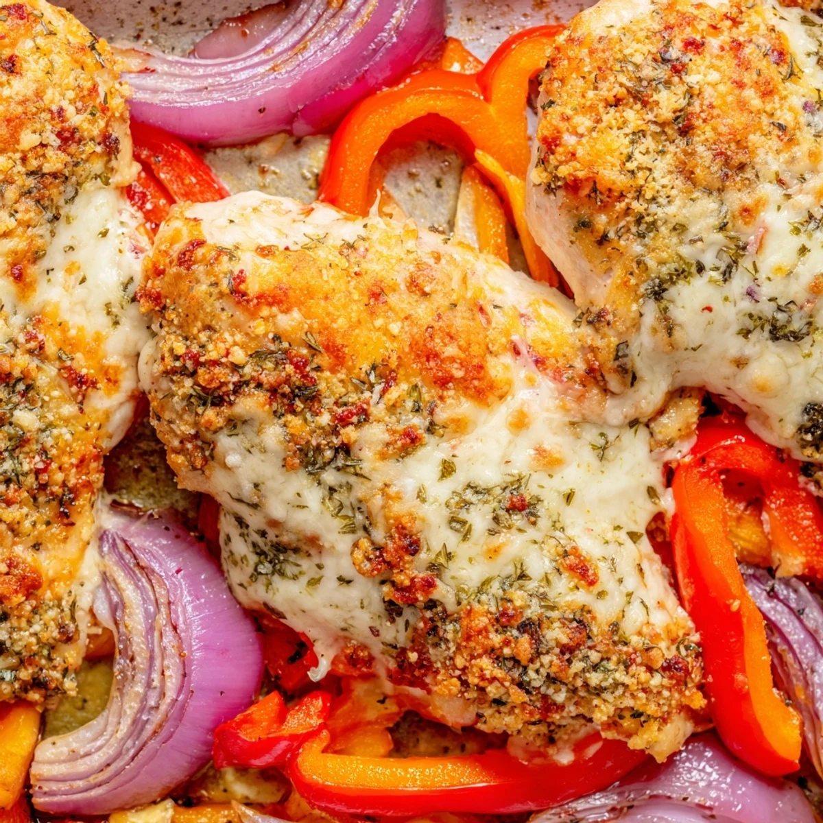 Family-friendly cheesy baked chicken breast and peppers fresh from oven with golden Parmesan crust