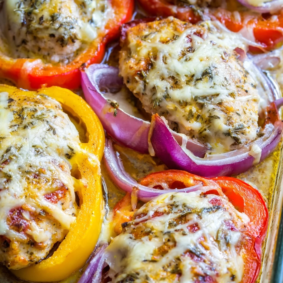 Juicy cheesy baked chicken breast and peppers arranged with red onions and melted mozzarella topping