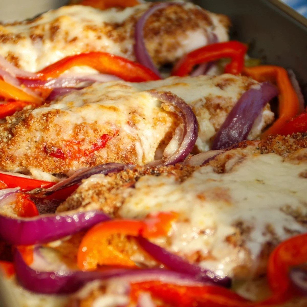 Golden melted cheese bubbling over tender cheesy baked chicken breast and peppers with colorful vegetables