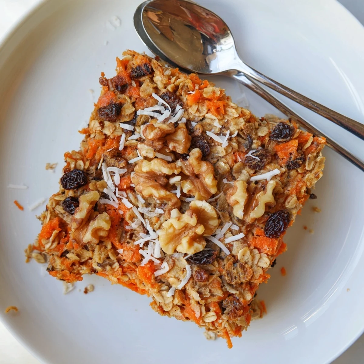 Golden brown carrot cake baked oatmeal sprinkled with chopped walnuts and raisins