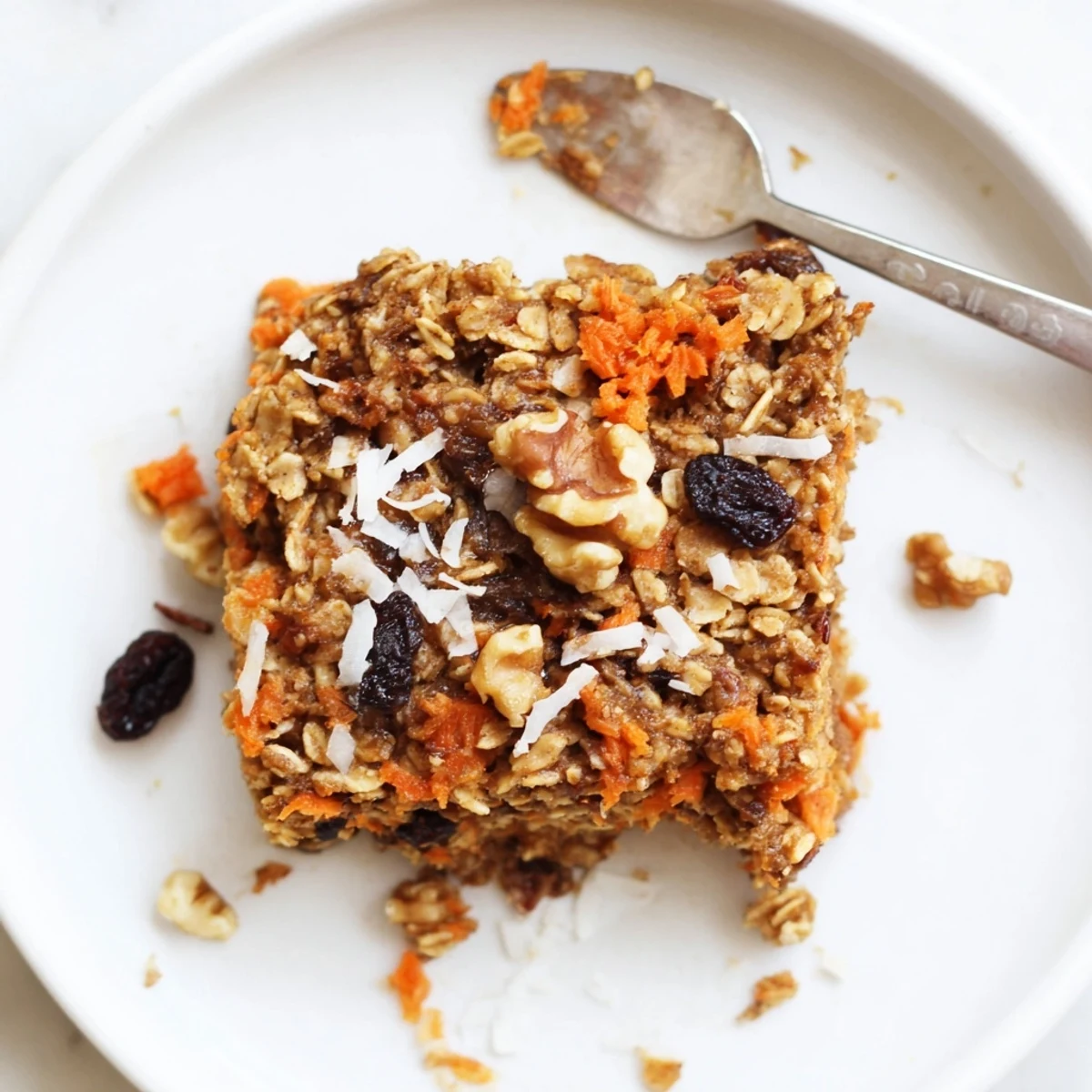 Sliced carrot cake baked oatmeal with cinnamon spice and shredded coconut garnish