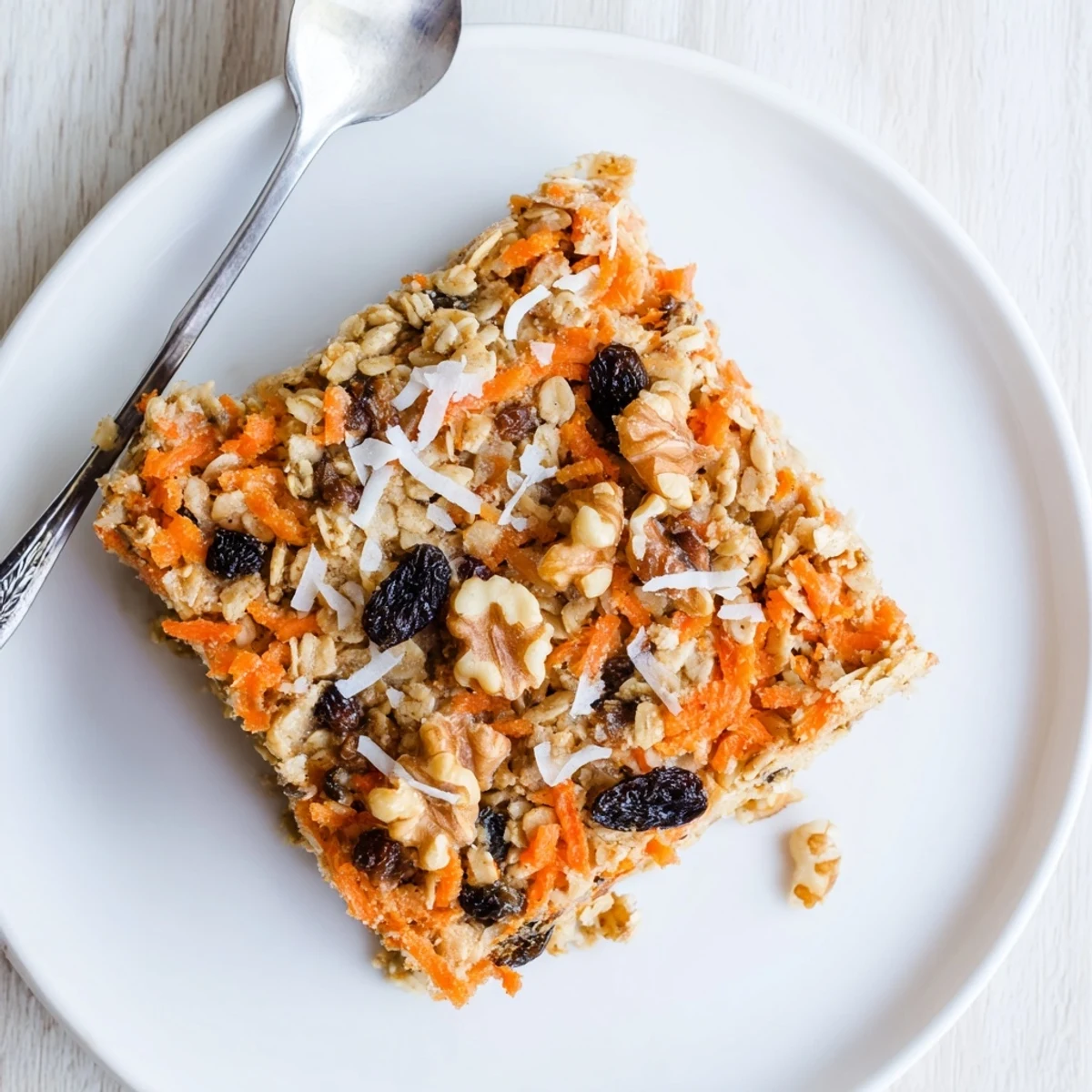 Warm serving of carrot cake baked oatmeal topped with grated carrots and pecans