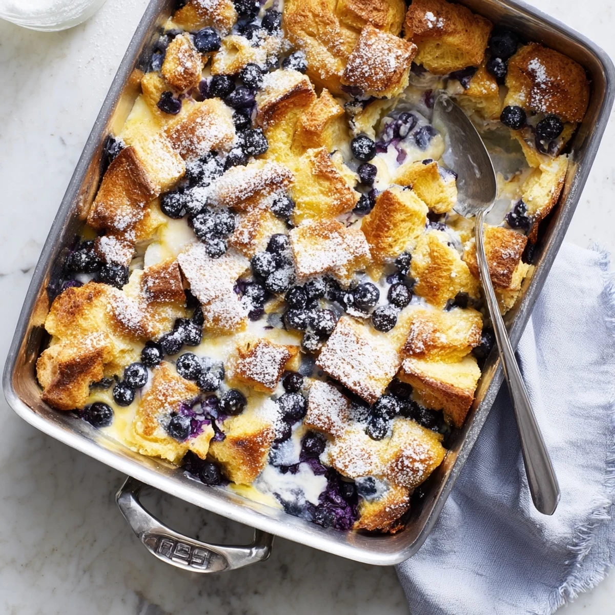 Golden brown blueberry cream cheese croissant casserole with powdered sugar dusting on top