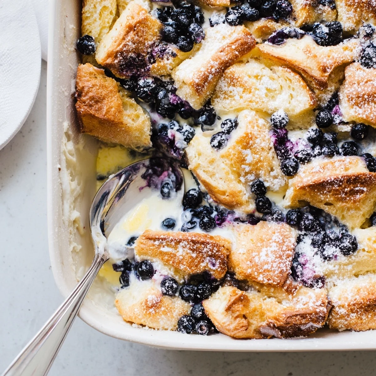 Bubbling breakfast casserole with buttery croissant pieces and sweet blueberry cream cheese swirls