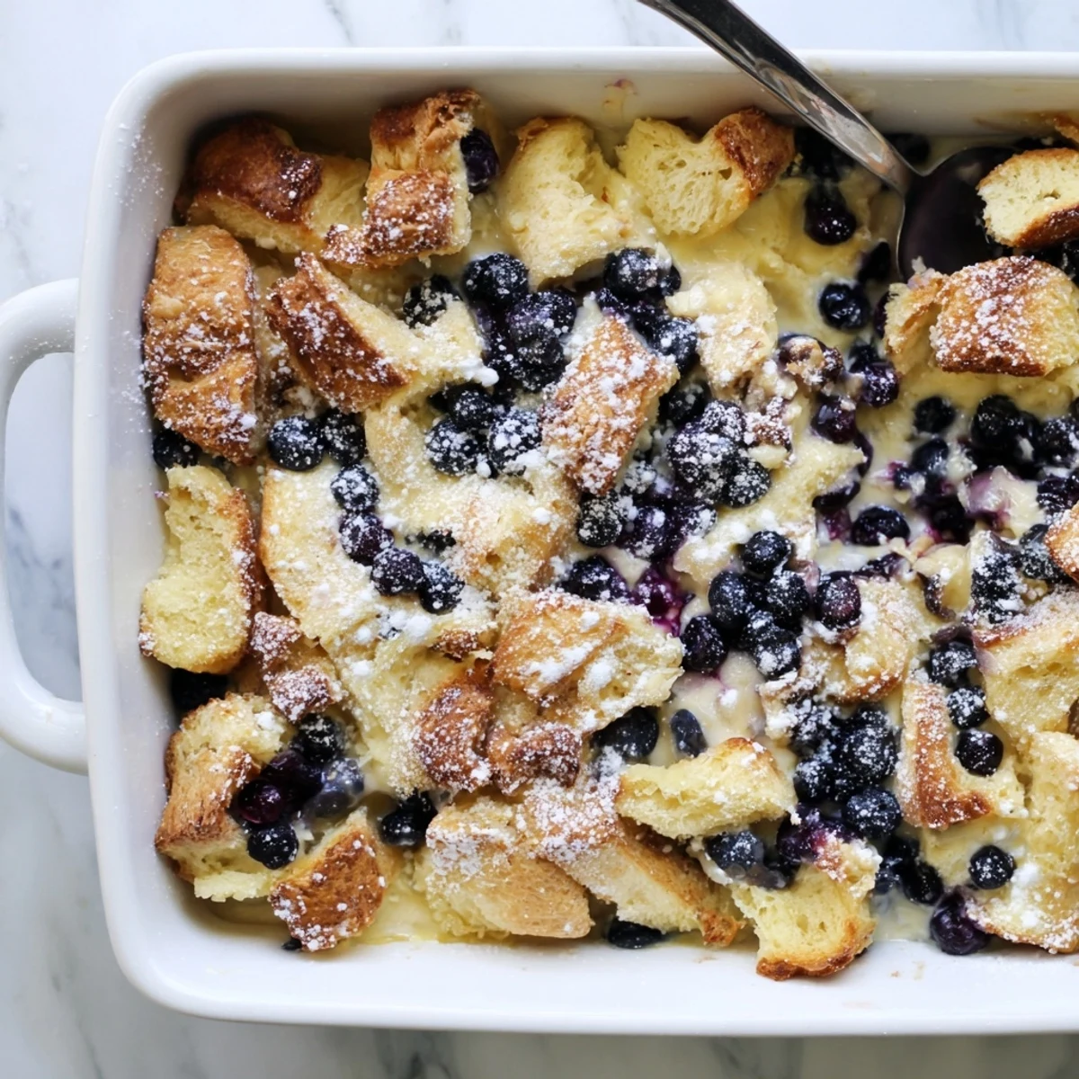 Warm blueberry cream cheese croissant casserole served with maple syrup and fresh berries