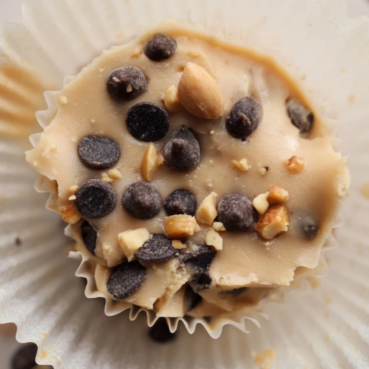 Frozen peanut butter Greek yogurt bites topped with melted chocolate and crushed peanuts in a mini muffin tin