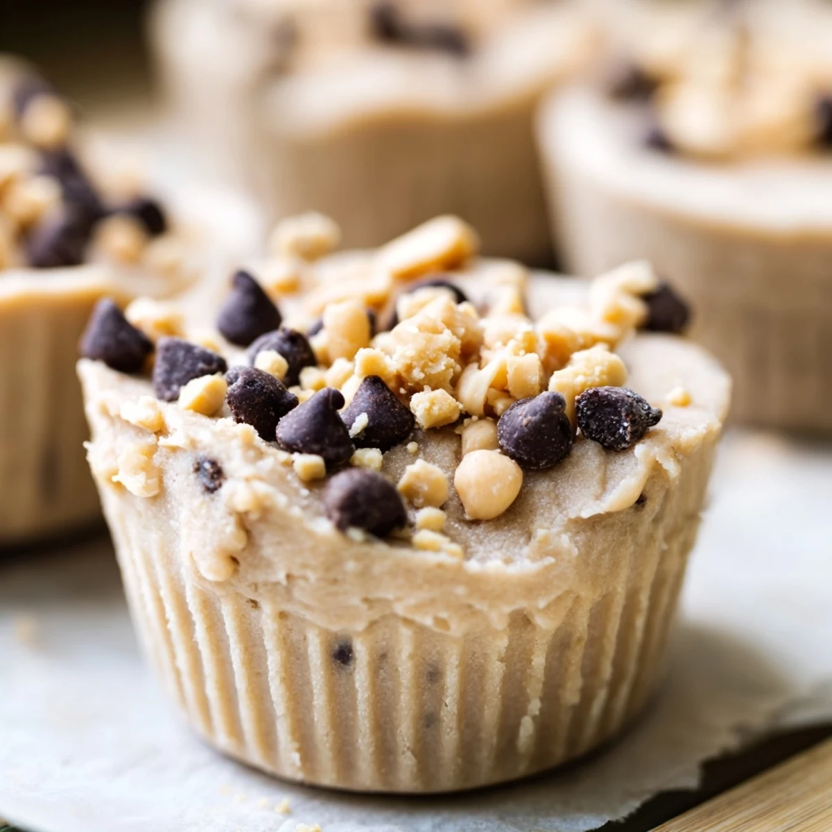 Creamy high protein frozen peanut butter Greek yogurt bites arranged on a white serving plate with garnish