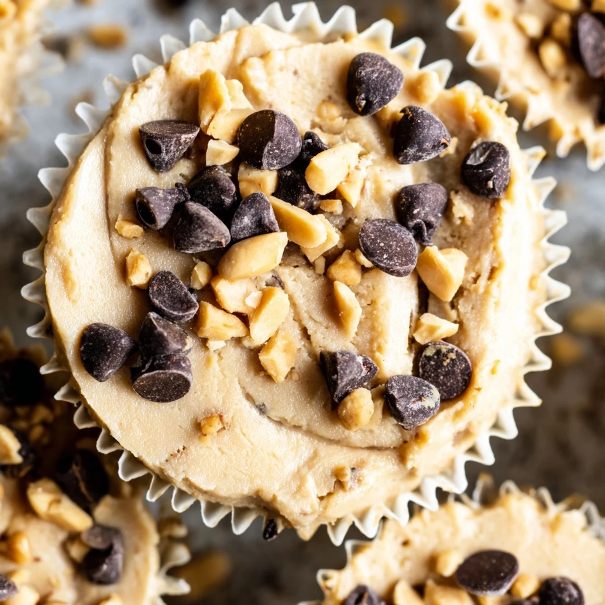 Spoon scoops of peanut butter Greek yogurt mixture filling paper muffin liners before freezing into bite sized treats