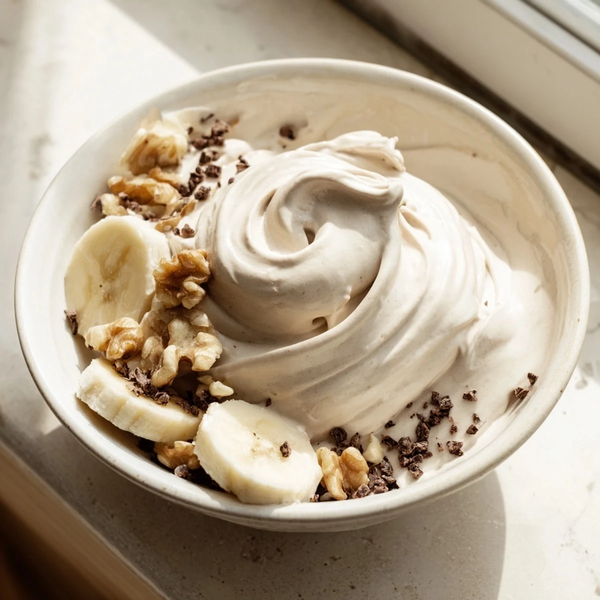 Vegan banana nice cream scooped into bowls with colorful berry toppings