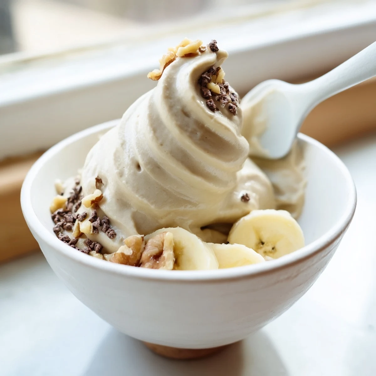 Creamy healthy nice cream bowl topped with fresh fruit and nuts