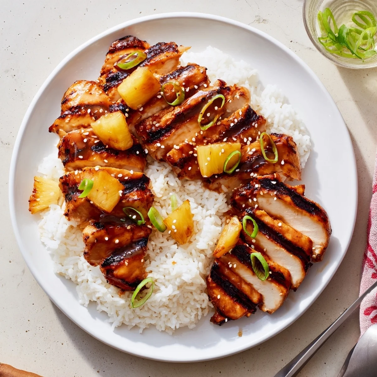 Hawaiian Chicken With Coconut Rice featuring glazed chicken over fragrant coconut rice