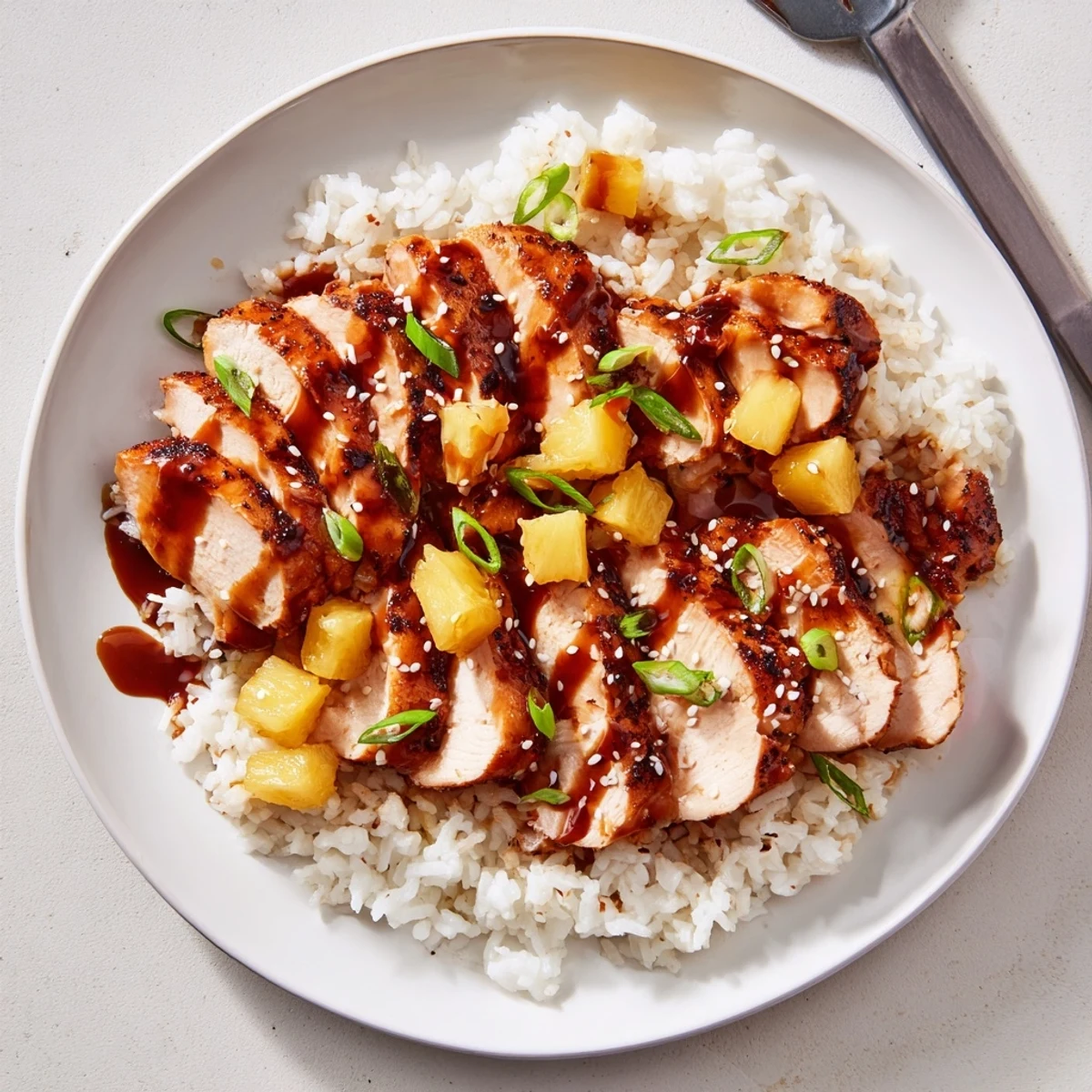 Sliced Hawaiian Chicken With Coconut Rice drizzled with tangy pineapple-ginger glaze
