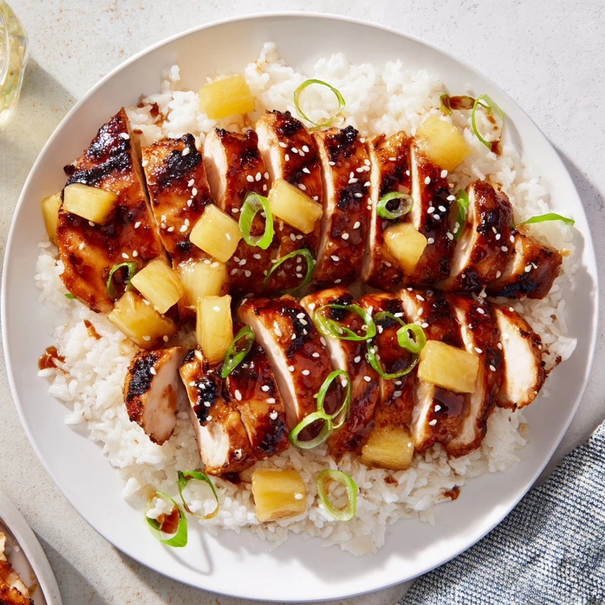 Weeknight Hawaiian Chicken With Coconut Rice plated with scallions, sesame, juicy pineapple