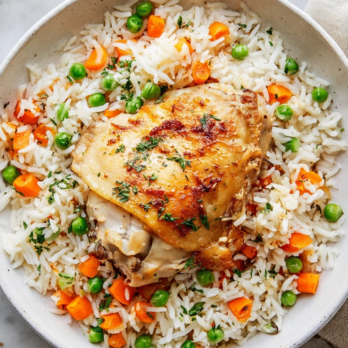 Steaming bowl of Slow Cooker Lemon Herb Chicken And Rice, tender, herb-scented
