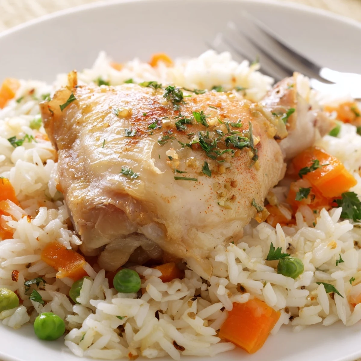 Golden-seared thighs over fluffy rice, garnished parsley, Slow Cooker Lemon Herb Chicken And Rice