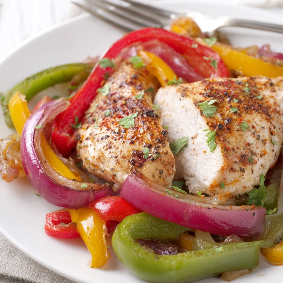 One Pan Chicken And Peppers sizzling with roasted peppers, golden seared chicken