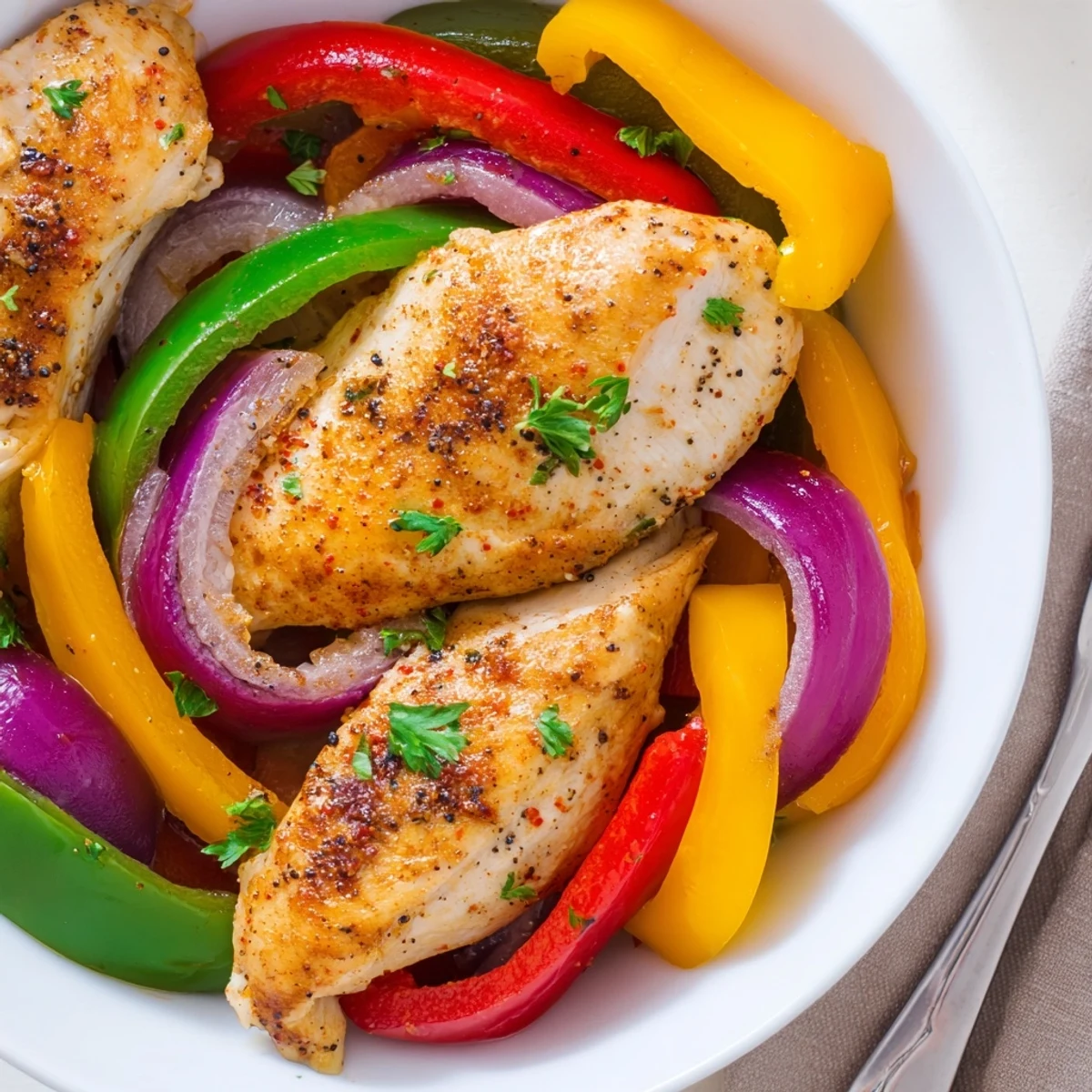 One Pan Chicken And Peppers served hot over rice with parsley garnish