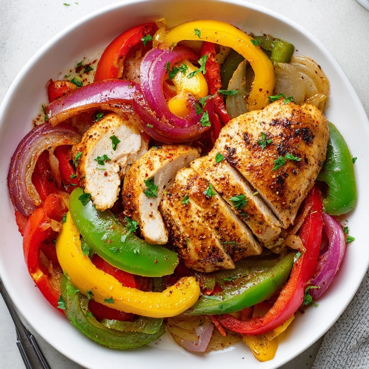 One Pan Chicken And Peppers oven-roasted with bright sliced bell peppers, fragrant herbs