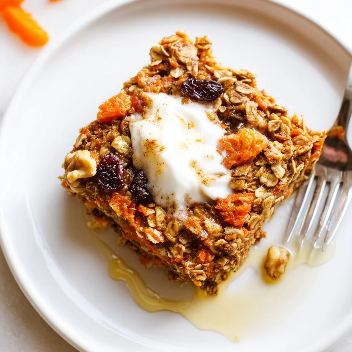 Slice of Carrot Cake Baked Oatmeal studded with raisins and chopped walnuts