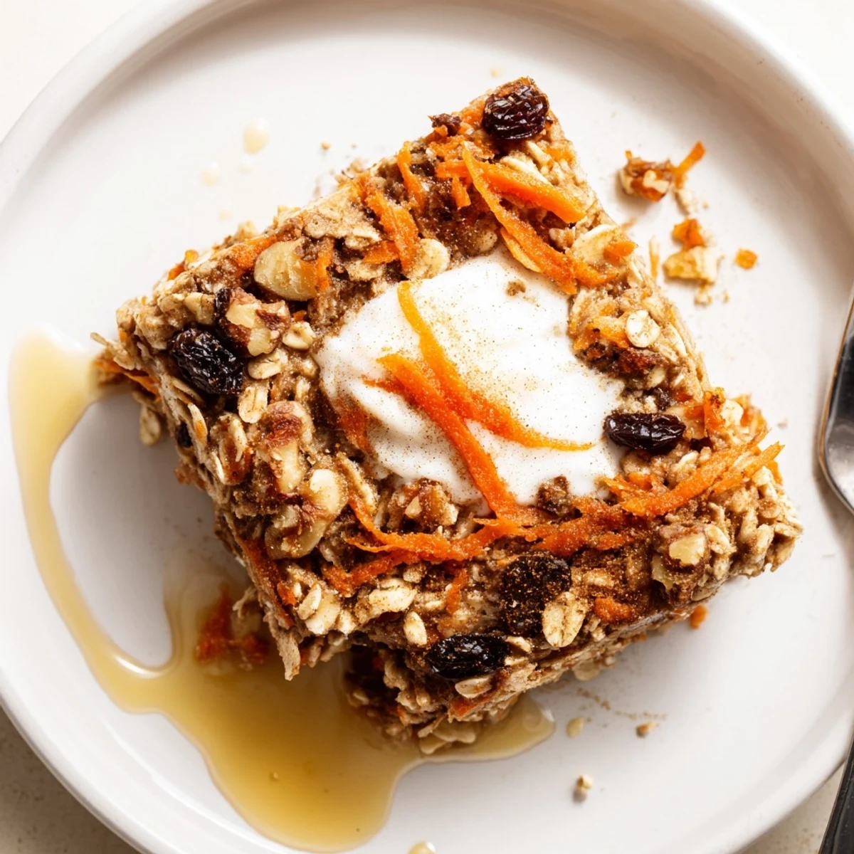 Bowl of Carrot Cake Baked Oatmeal topped with yogurt and warm maple
