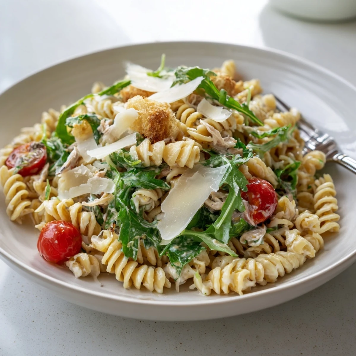 Arugula Pasta Caesar Salad piled on platter, creamy dressing glistening, peppery bite