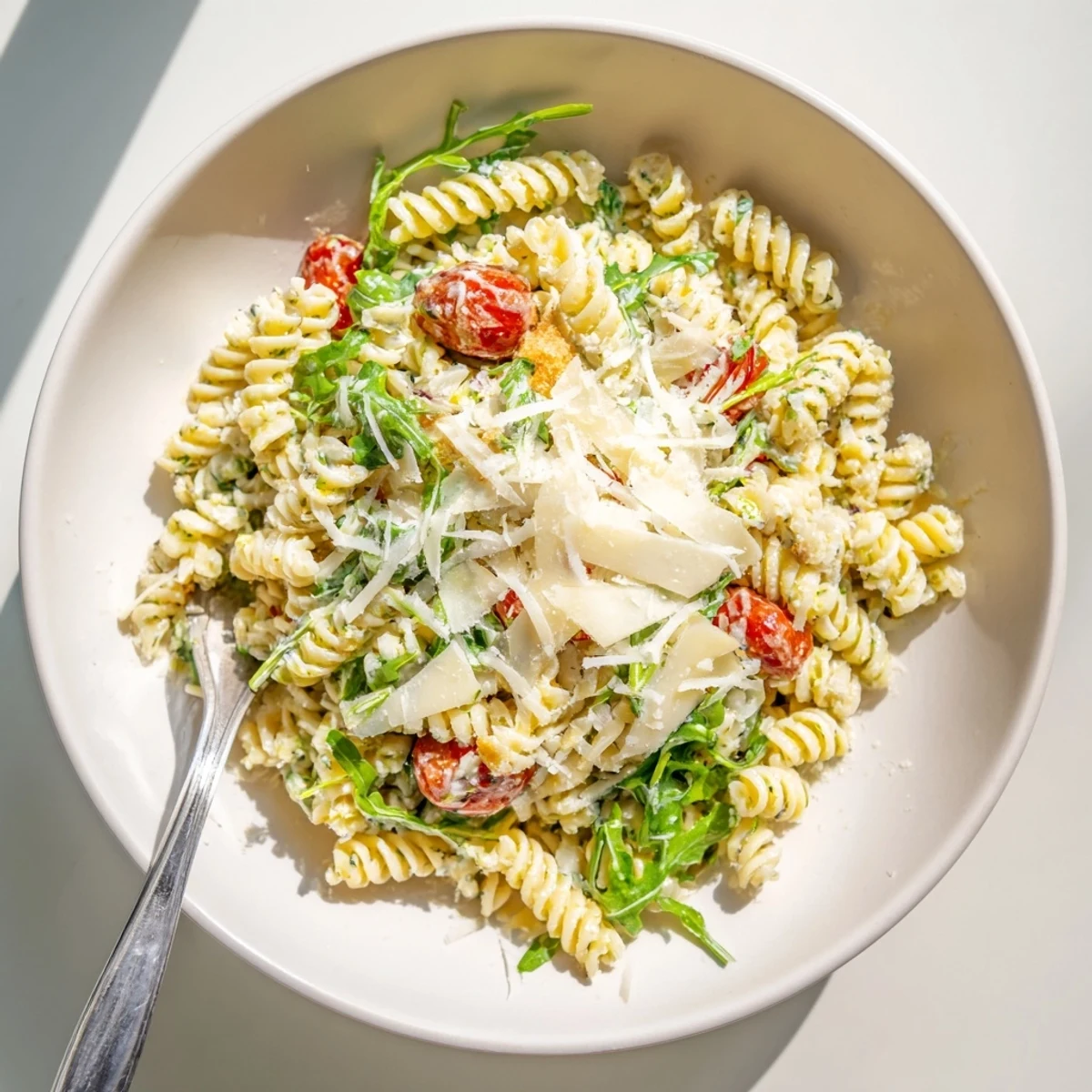 Bright Arugula Pasta Caesar Salad with cherry tomatoes, crunchy croutons, lemon tang