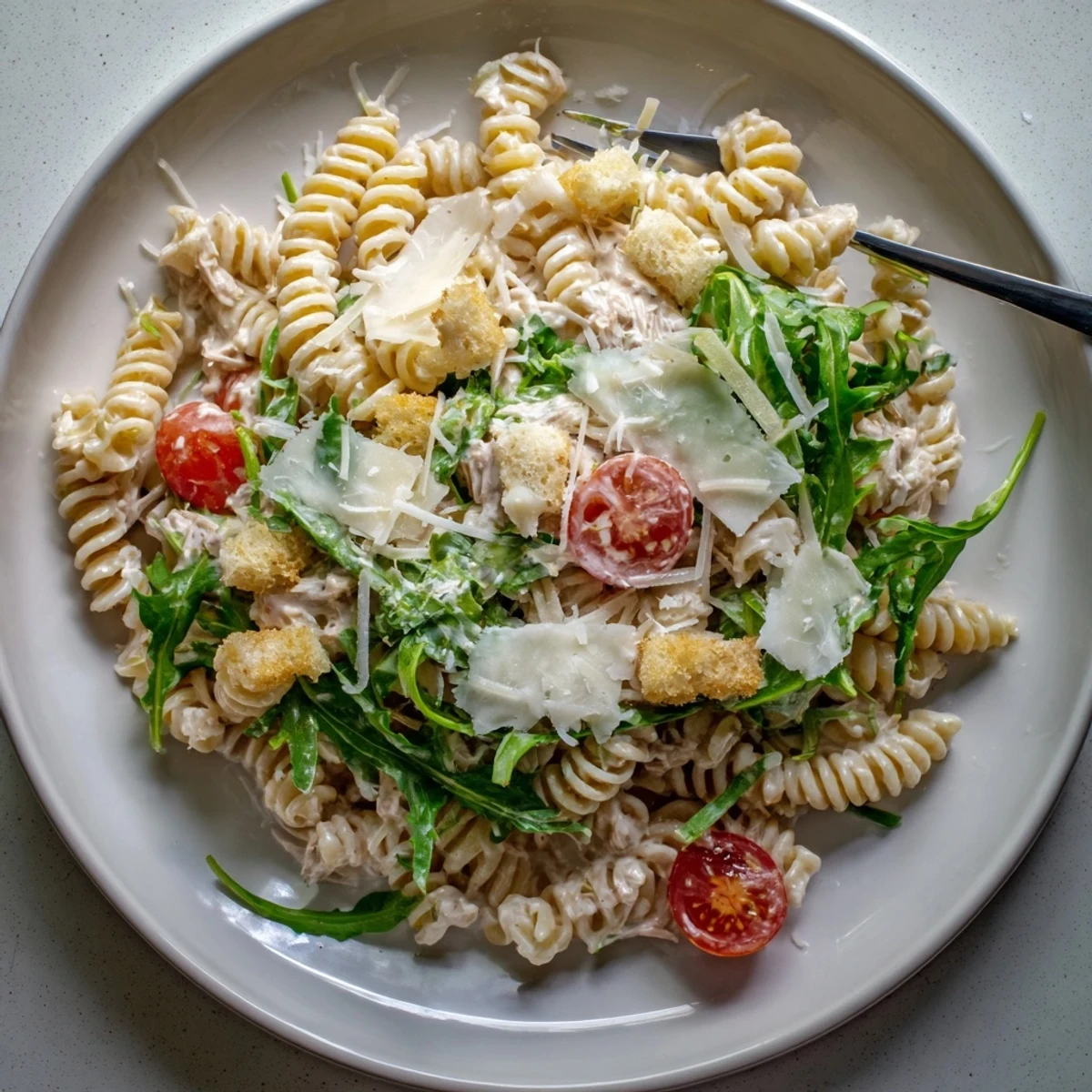 Family-style Arugula Pasta Caesar Salad tossed warm with shaved Parmesan, herb aroma