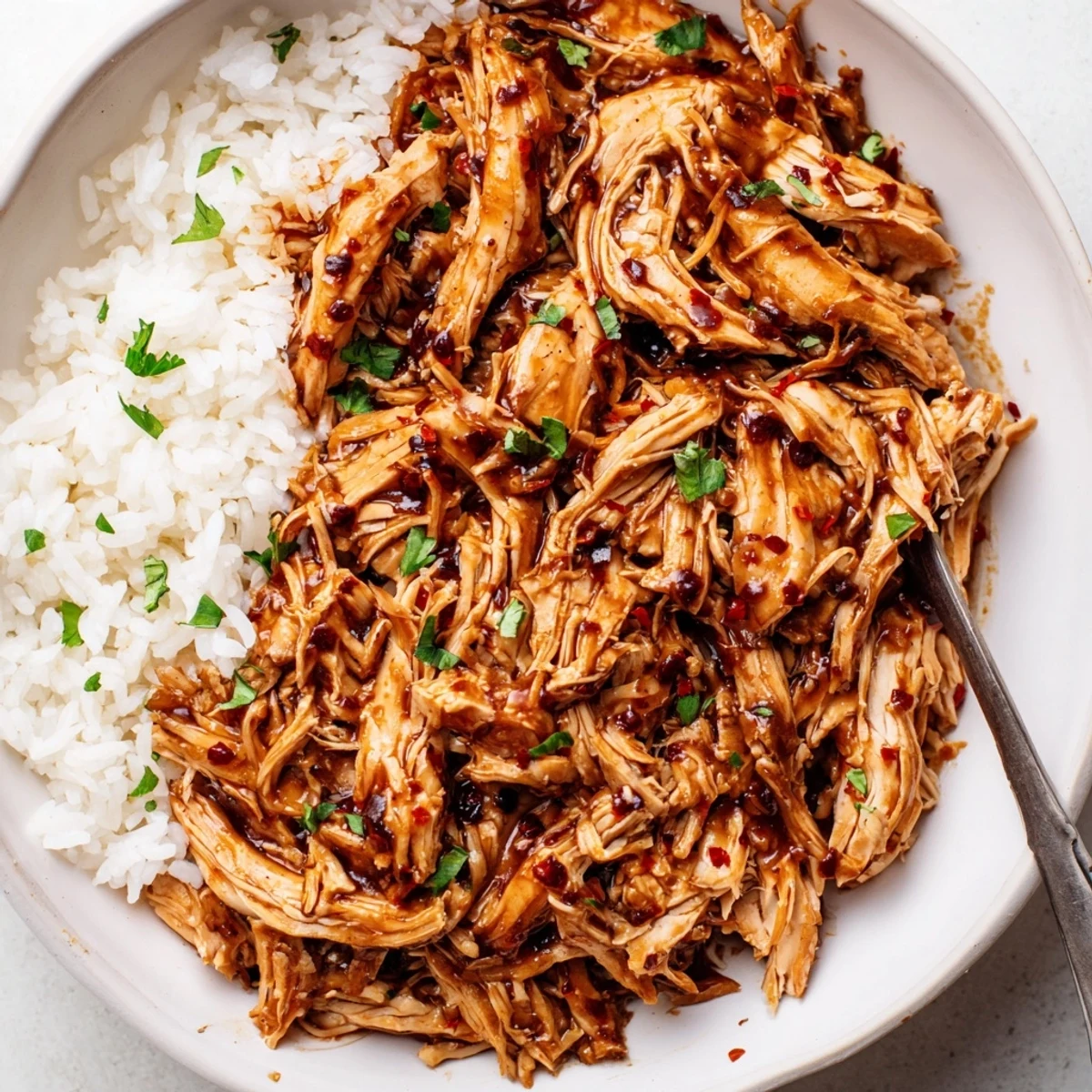 Crockpot Honey Garlic Chicken glazed in glossy sauce over steaming white rice.