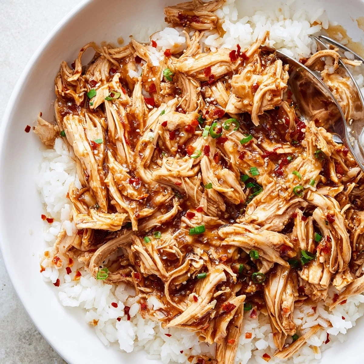 Slow-cooked Crockpot Honey Garlic Chicken, shredded with fragrant honey-garlic glaze.