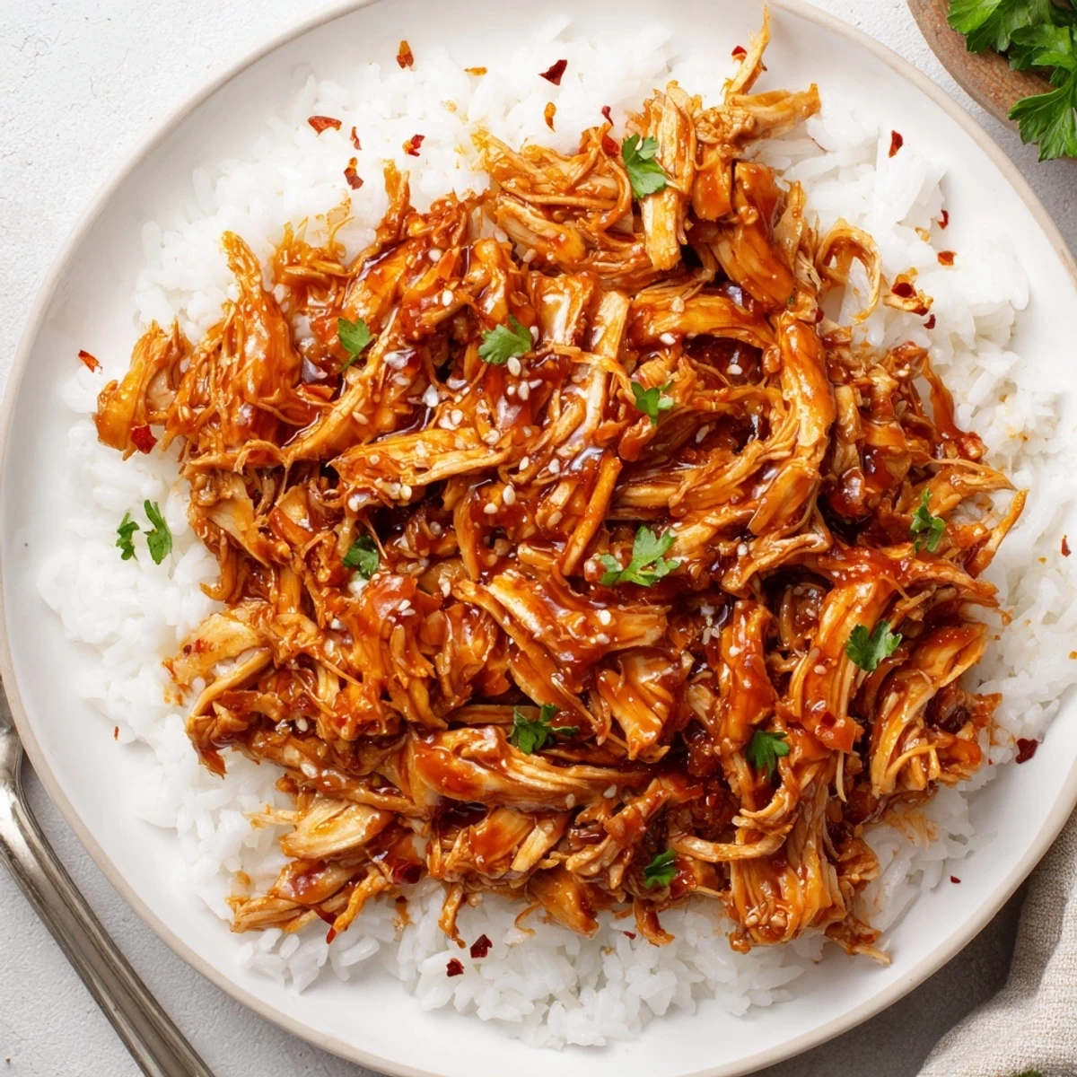 Weeknight Crockpot Honey Garlic Chicken served hot with steamed broccoli and rice.