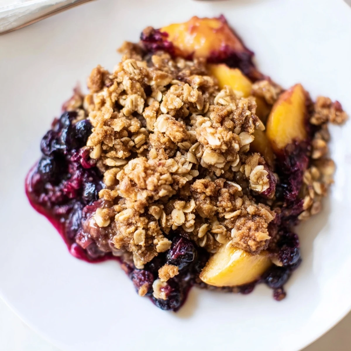 Blueberry Peach Crumble bubbling golden with juicy fruit, served warm with ice cream