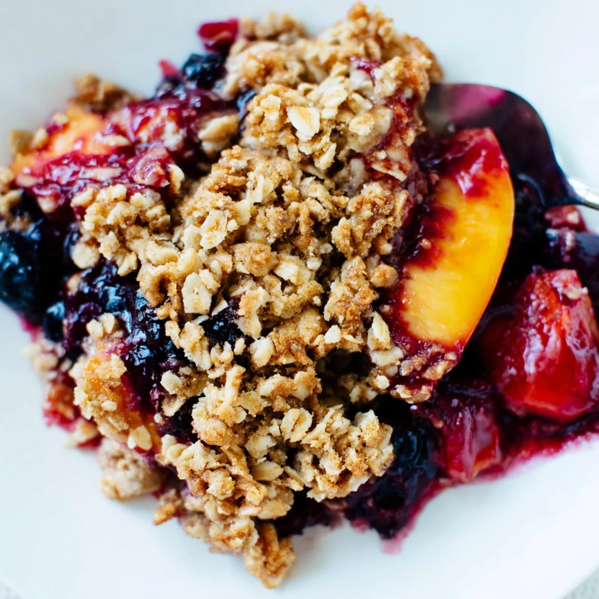 Slice of Blueberry Peach Crumble showing bubbling filling and buttery oat topping