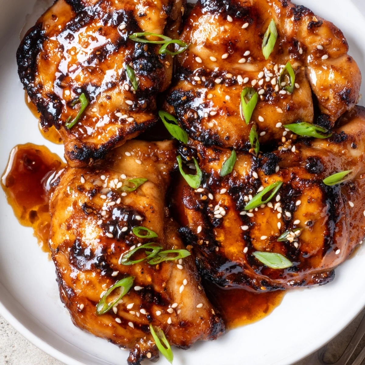 Charred Juicy Korean Chicken Thighs served over steaming rice with kimchi.