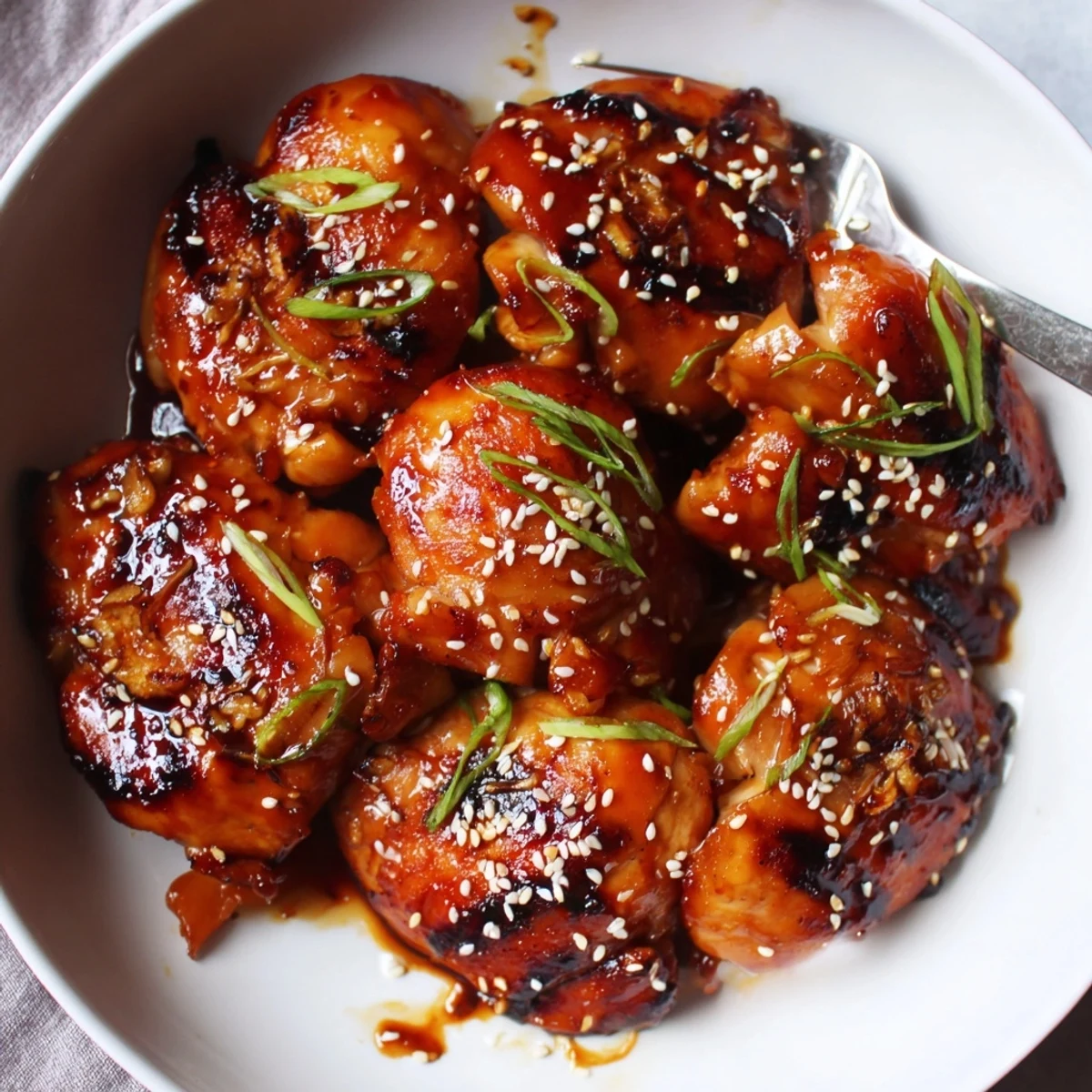 Oven-roasted Juicy Korean Chicken Thighs with garlicky ginger aroma, topped with scallions.