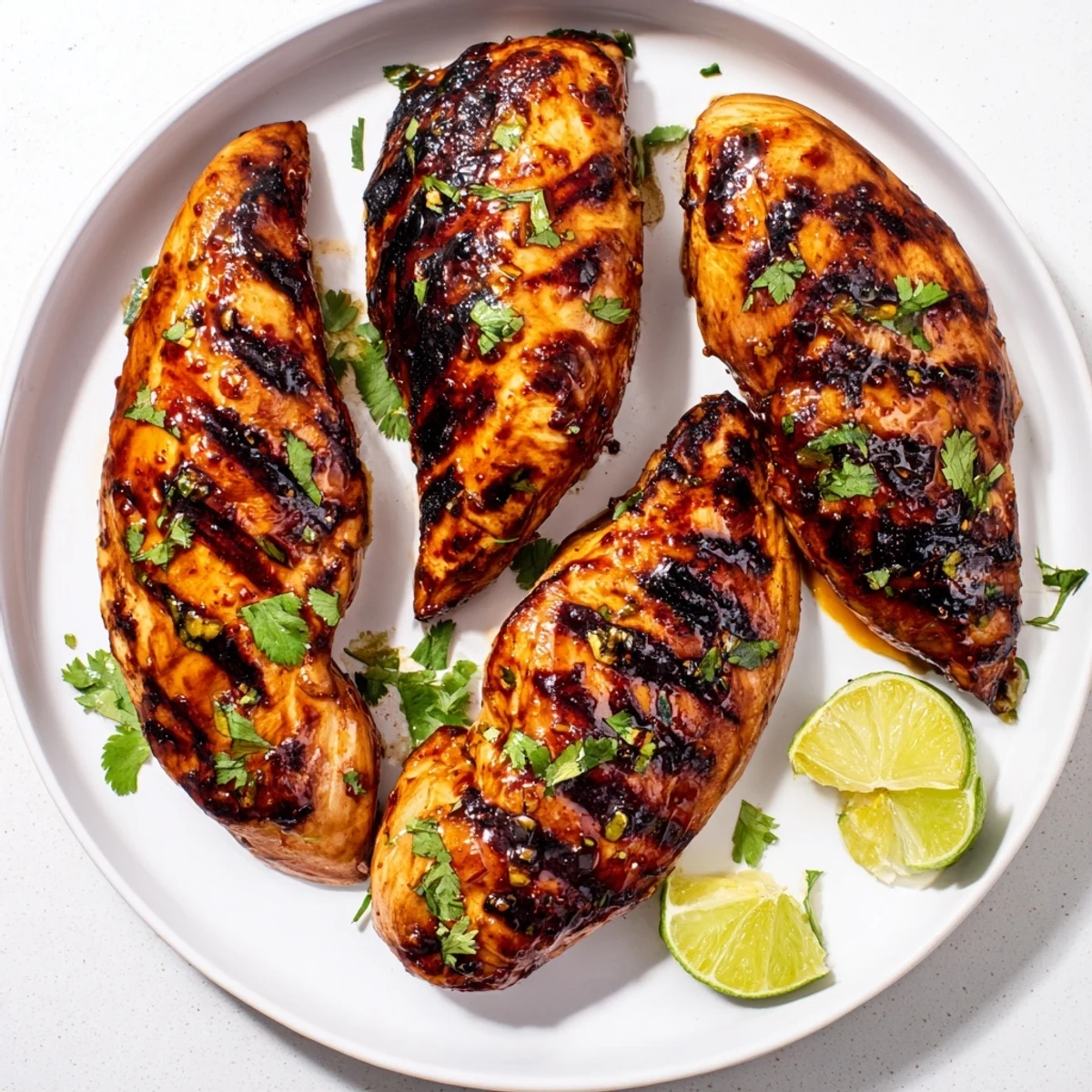 Sliced Key West Grilled Chicken With Tropical Citrus Marinade on plate, lime wedge